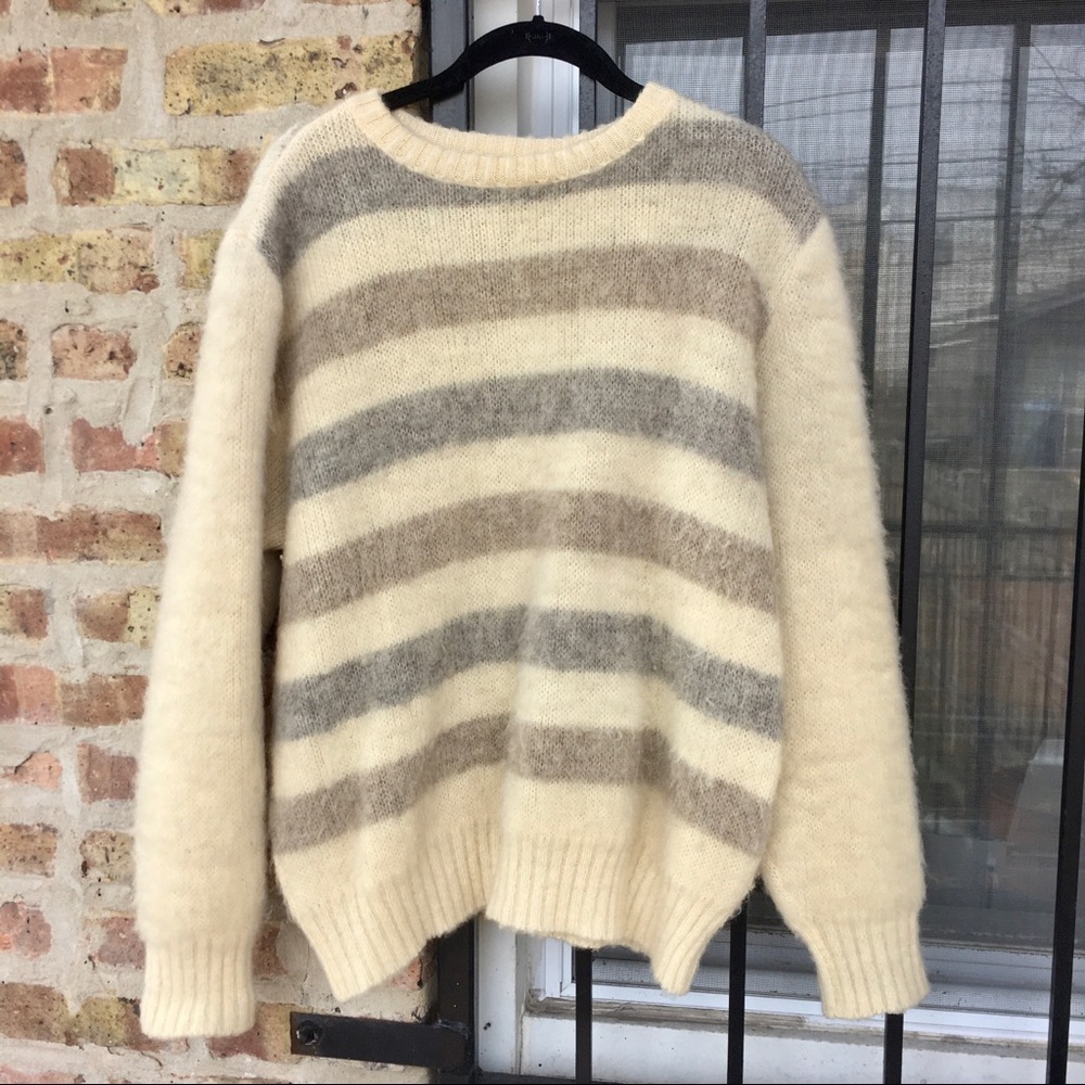 Vtg 70s 100% Pure Wool Striped Cream Tan Sweater M
